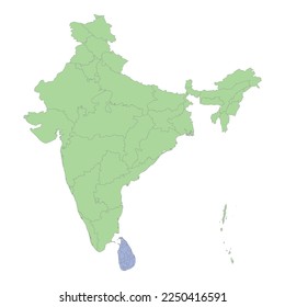 High quality political map of India and Sri Lanka with borders of the regions or provinces. Vector illustration