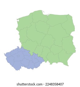 High quality political map of Poland and Czech republic with borders of the regions or provinces. Vector illustration