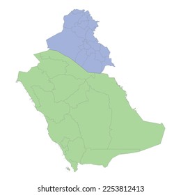 High quality political map of Saudi Arabia and Iraq with borders of the regions or provinces. Vector illustration