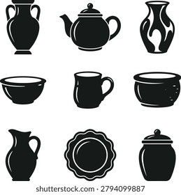 High quality pottery icons set with teapot and bowl and mug and decorative plate for modern kitchenware advertising.