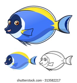 High Quality Powder Blue Surgeon Fish Cartoon Character Include Flat Design and Line Art Version