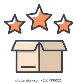 High quality product with stars rating icon. Illustration of a box with three stars above it, representing high-quality products and excellent ratings.