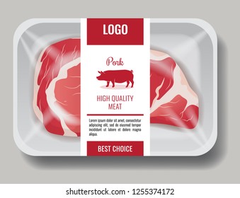 High quality products for cooking, meat, pork and beef in package with label template, gourmet food, delicacy, meat package vector illustration