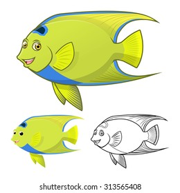 High Quality Queen Angel Fish Cartoon Character Include Flat Design and Line Art Version