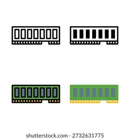 High quality RAM stick icon set representing computer memory and hardware technology. Clean, minimal and modern design suitable for websites, mobile apps, software interfaces, dashboards and technology projects. Vector EPS format allows easy color and size customization for digital and print use.