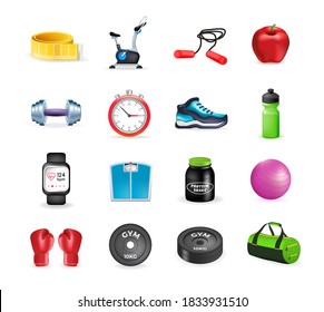 High Quality Realistic 3D Cute Fitness Icons on White Background . Isolated Vector Illustration 