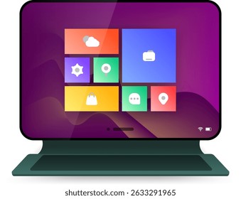 Uma imagem realista e de alta qualidade de um tablet que exibe uma interface de usuário de sistema operacional de desktop