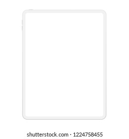 High quality realistic new version of soft clean white tablet computer with blank white screen. Realistic vector mockup tablet pad for visual ui app demonstration.