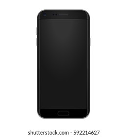 High quality realistic smart phone mock up with empty screen. Black detailed mobile phone with camera, volume and power buttons. Vector illustration.