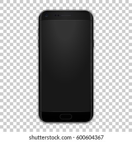 High quality realistic smart phone mock up with empty screen. Black detailed mobile phone with camera, volume and power buttons. Vector illustration.