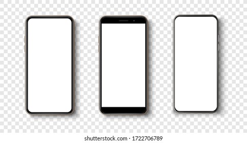 Высококачественный реалистичный модный безрамный смартфон с пустым белым экраном. Макет телефона для демонстрации визуального пользовательского интерфейса. Концепция мобильного устройства Vector. Подробный макет смартфона
