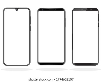 High quality realistic trendy no frame smartphone with blank white screen. Mockup phone for visual ui app demonstration. Vector mobile set device concept. Detailed Mockup Smartphone