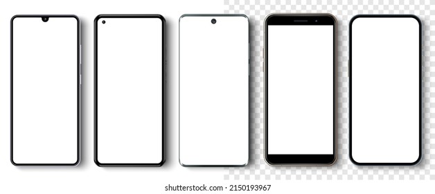 High quality realistic trendy no frame smartphone with blank white screen. Mockup phone for visual ui app demonstration. High detailed phone in front view isolated on a white background.