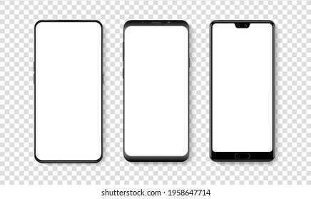 High quality realistic trendy smartphone with blank white screen. Phone mockup for visual UI UX app demonstration. Vector mobile set device concept