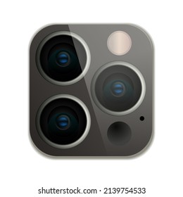 High quality realistic triple lens phone camera. Macro lens auto stabilization. Vector illustration