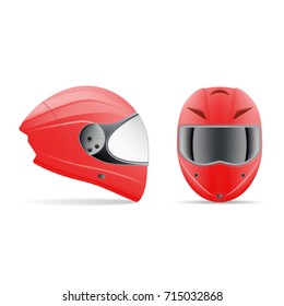 High Quality Red Motorcycle Helmet. Front And Side View Isolated On A White Background. Vector Illustration. Sport Concept
