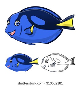 High Quality Regal Blue Tang Cartoon Character Include Flat Design and Line Art Version