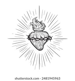 High Quality Sacred Heart Jesus Vector, Are Great For Using Various Types Of Design Work t-Shirt, Tattoo and Home Wall Design. Holy heart. Sacred heart. Vector outline illustration.