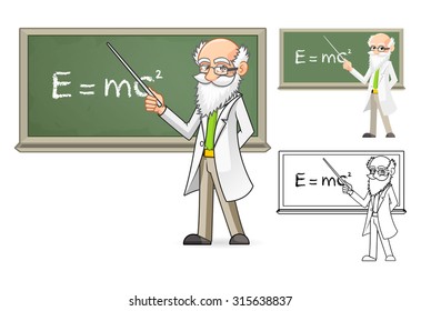 High Quality Scientist Cartoon Character Holding a Pointer Stick Include Flat Design and Line Art Version
