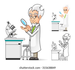 High Quality Scientist Cartoon Character Holding a Magnifying Glass with Microscope in The Background Include Flat Design and Line Art Version