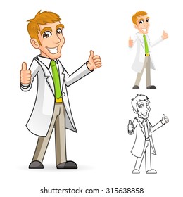 High Quality Scientist Cartoon Character with Thumbs Up Arms Include Flat Design and Line Art Version