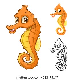 High Quality Sea Horse Cartoon Character Include Flat Design and Line Art Version