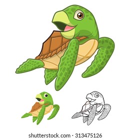 High Quality Sea Turtle Cartoon Character include Flat Design and Line Art Version