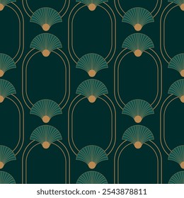 High quality seamless pattern with golden elements in ovals on deep green background. Art deco style. Vector seamless background.