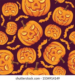 high quality seamless pattern with halloween pumpkin head and bat vector