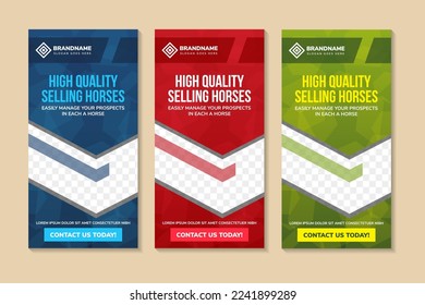 high quality selling horses headline of story banner design template. vertical layout with check space for photo collage. there are three colors selected are blue, green and red.  hexagon pattern