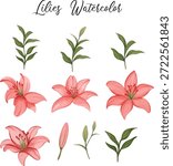  A high quality set of hand painted lily flowers and botanical leaves in watercolor style. Includes open blooms, buds, and various green stems. Perfect for wedding invitations, greeting cards, floral patterns, and DIY craft projects