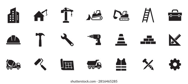 High quality set of solid monochrome vector icons representing construction industry tools machinery building equipment development engineering and architectural.