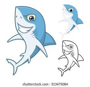 High Quality Shark Cartoon Character Include Flat Design and Line Art Version