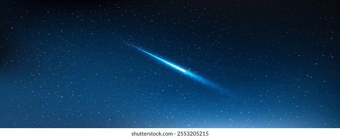 A High quality shooting star in the dark blue sky background. Astrology horizontal background. Stardust in galaxy. Vector Illustration.