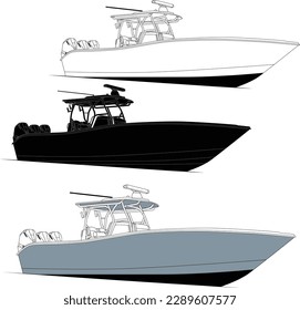 High quality side view fishing boat vector line art illustration.