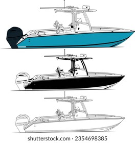 High quality side view fishing boat vector line art illustration and one color.