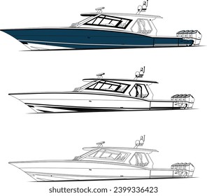 High quality side view fishing boat vector line art illustration and one color.