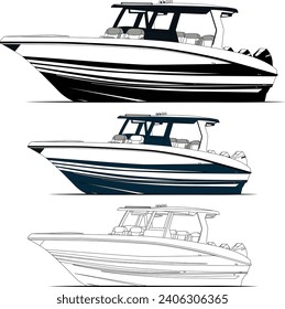 High quality side view fishing boat vector line art illustration and one color.