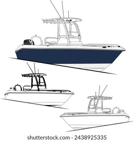High quality side view fishing boat vector line art illustration and one color.