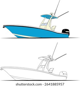 High quality side view fishing boat vector line art illustration and one color.
