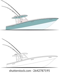 High quality side view fishing boat vector line art illustration and one color.