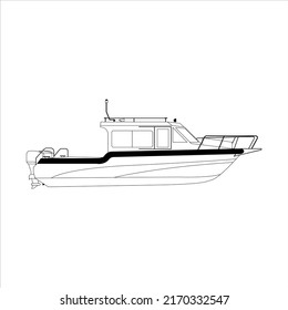 High quality side view line drawing of sea vessel. Black and white art treatment. Speed board line art illustration