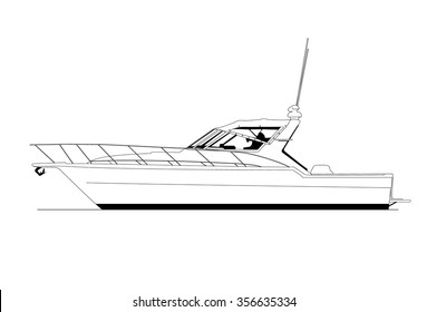 High quality side view line drawing of sea vessel. Black and white art treatment.