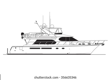 High quality side view line drawing of sea vessel. Black and white art treatment.