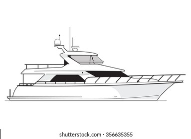 High quality side view line drawing of sea vessel. Black and white art treatment.