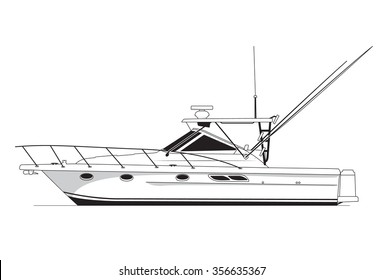 High quality side view line drawing of sea vessel. Black and white art treatment.