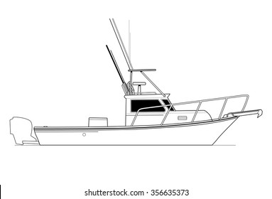 High quality side view line drawing of sea vessel. Black and white art treatment.