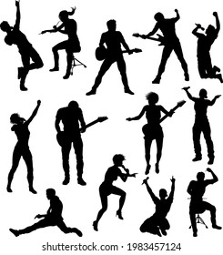 High quality silhouettes of musicians in a rock or pop band with singers, drummers, and guitarists