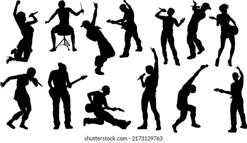 High quality silhouettes of musicians in a rock or pop band with singers, drummers, and guitarists