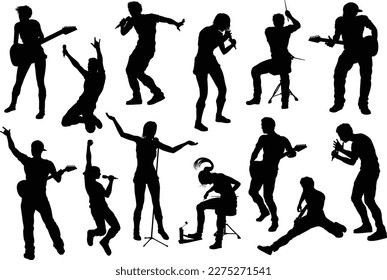 High quality silhouettes of musicians in a rock or pop band with singers, drummers, and guitarists